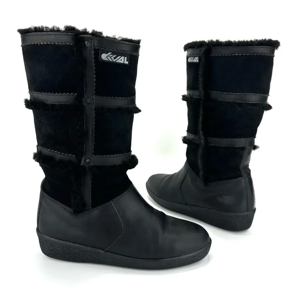 Dival Italy Elisa Black Winter Boot Sz 8 Leather Wool Lining Low Wedge Mid-Calf